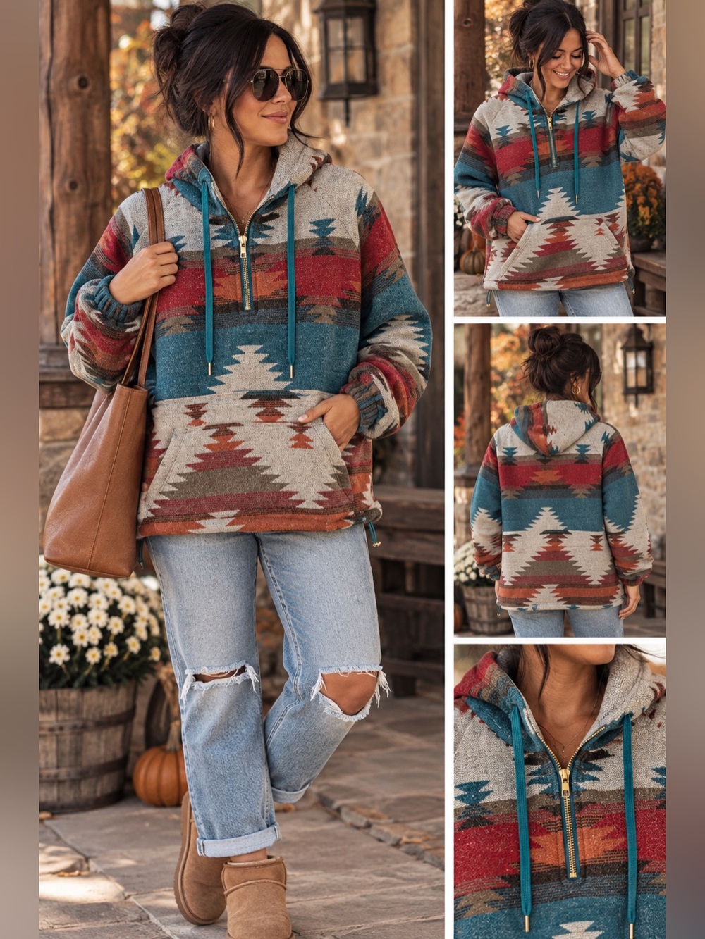 Southwestern Aztec Pullover Jacket Large Teal Rust Quarter Zip Hooded Boho